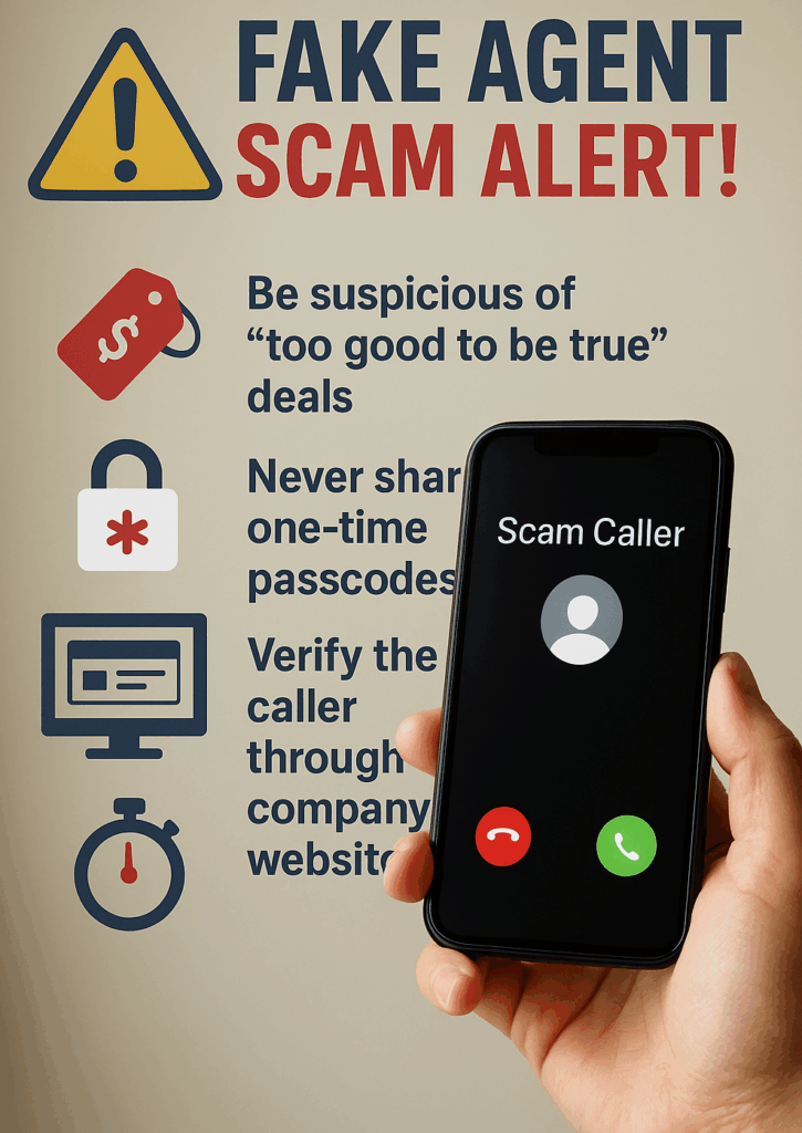 A warning poster about fake agent scams, showing a hand holding a smartphone with a “Scam Caller” alert, alongside safety tips such as being cautious of unbelievable deals, never sharing one-time passcodes, and verifying callers through official company sources.
