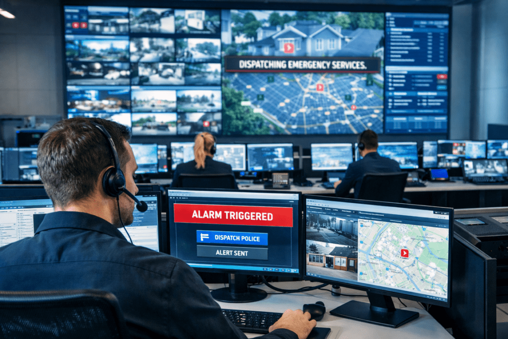 Modern 24/7 alarm monitoring center with security operators reviewing live camera feeds, alarm alerts, and GPS maps on multiple screens to dispatch emergency services.