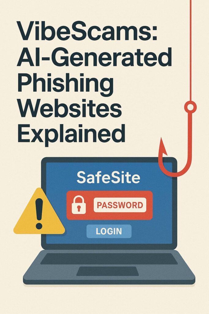 Illustration of an AI-generated phishing website on a laptop with a warning symbol and fishing hook, representing VibeScams and online fraud.